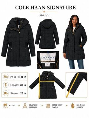 Cole Haan Signature Black Hooded Puffer Coat Jacket Small Petite S/P Dry Cleaned